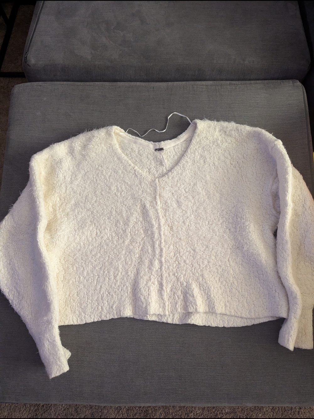 Free People Cream V-Neck Textured Cropped Sweater